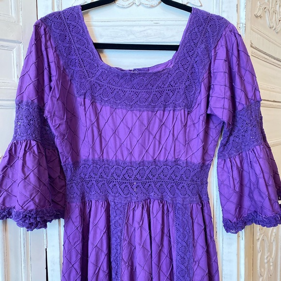 Vintage Purple Fairy Dress Pintuck Crochet Lace Mexican Wedding Maxi Size 8 M - Picture 5 of 12